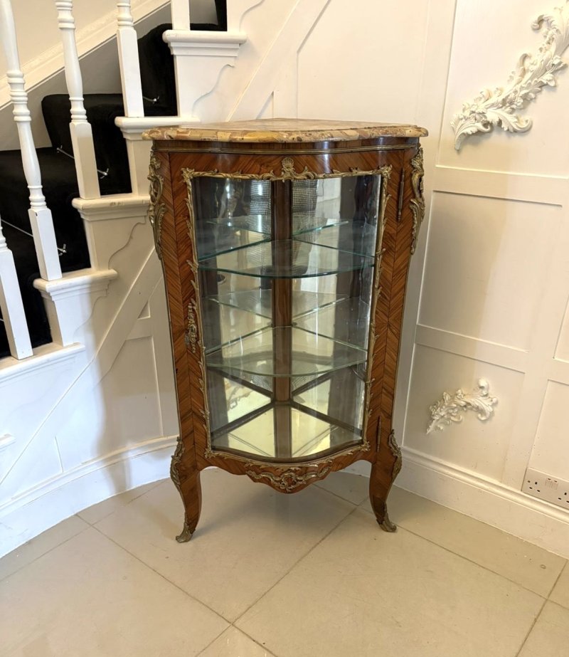 Antique Exceptional French Kingwood Serpentine Corner Display Cabinet with Marble Top and Ormolu Mounts
